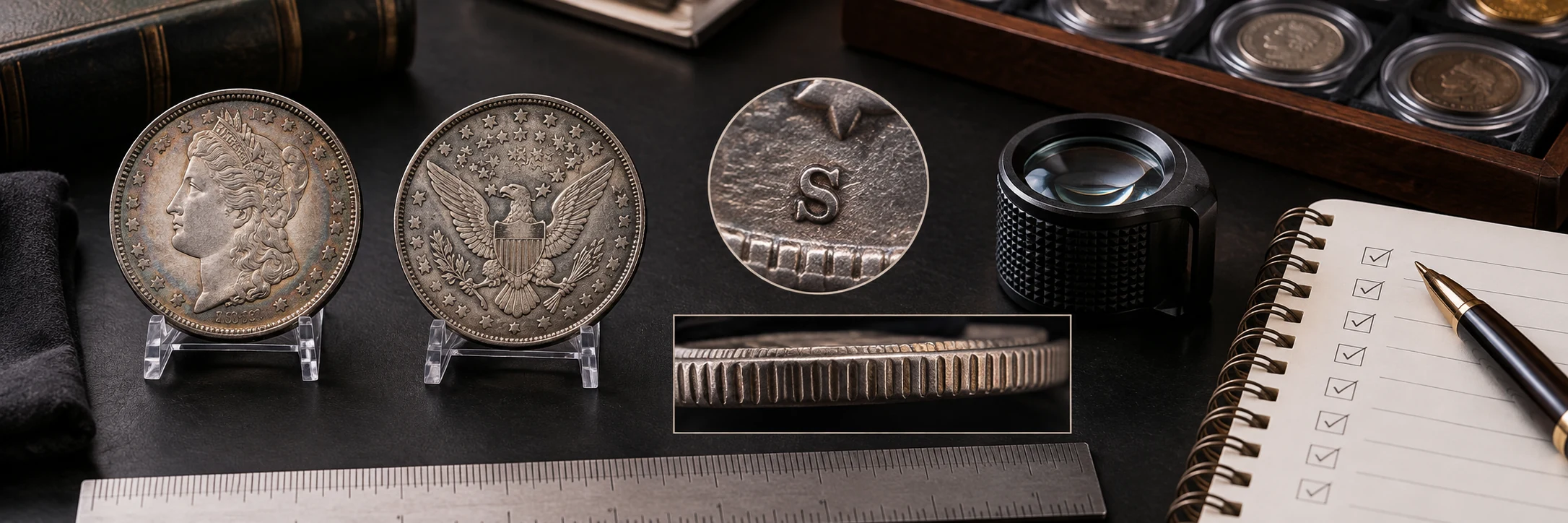 Rare coin front, back, mint mark, edge, ruler, and loupe arranged for a final check