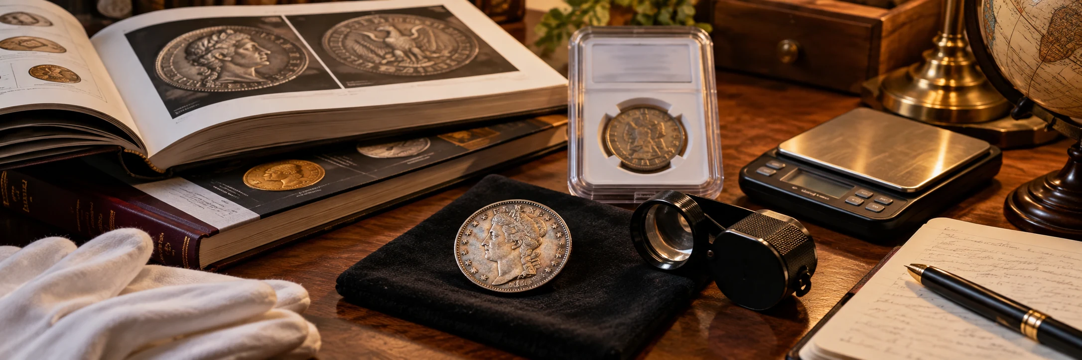 Potentially valuable coin beside auction catalogs, certified holder, scale, loupe, and provenance notes