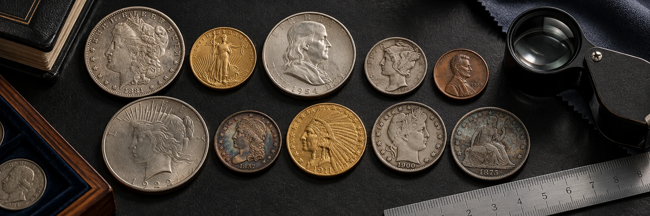 Collectible coins with varied dates, mint marks, condition, and metals beside a loupe and ruler