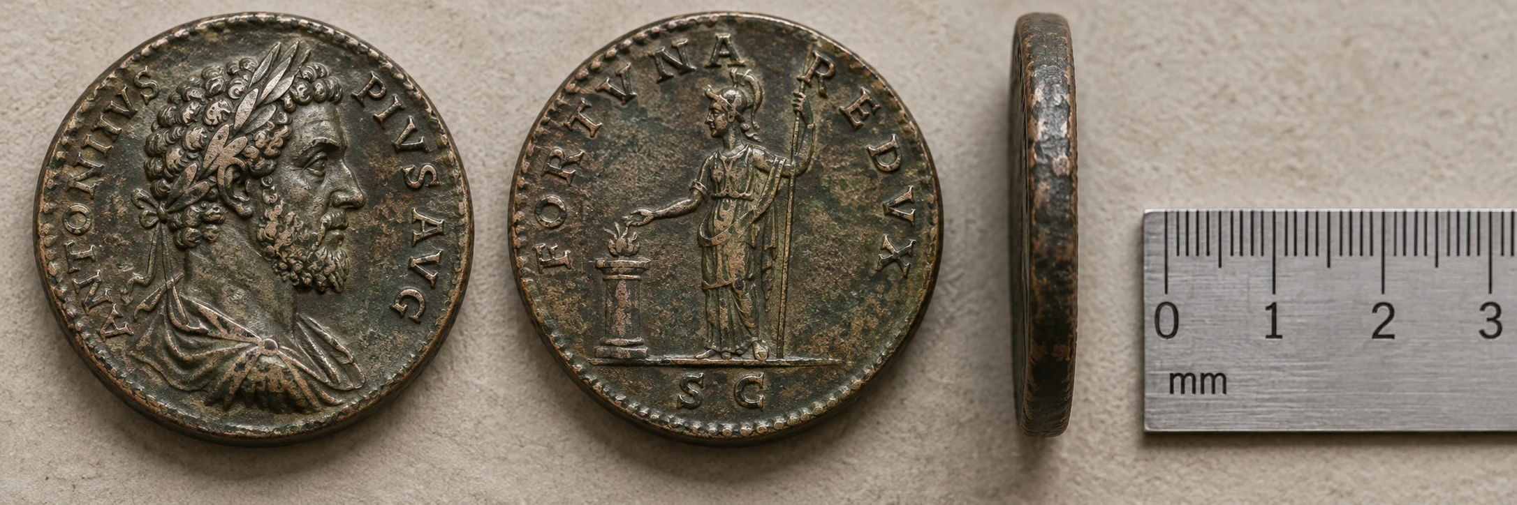 Roman coin portrait, Latin-style lettering, edge, and ruler shown in close-up