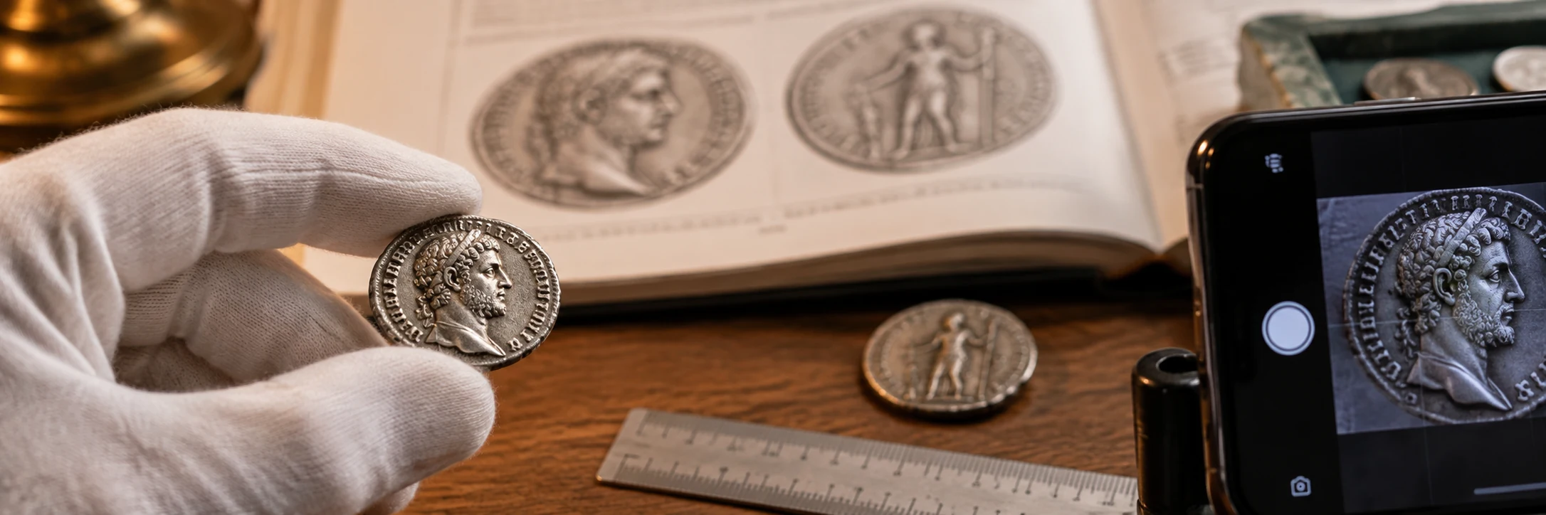 Gloved hand documenting a Roman coin beside a ruler and phone camera