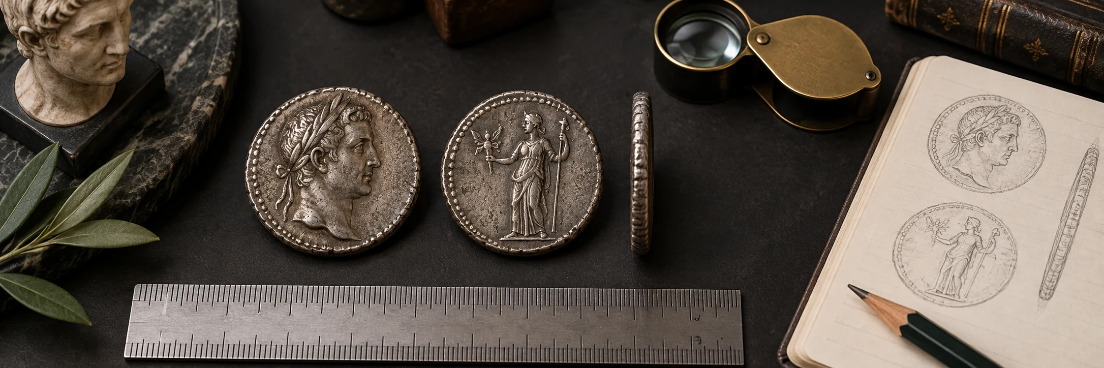 Roman coin obverse, reverse, edge, ruler, and loupe arranged for a final check