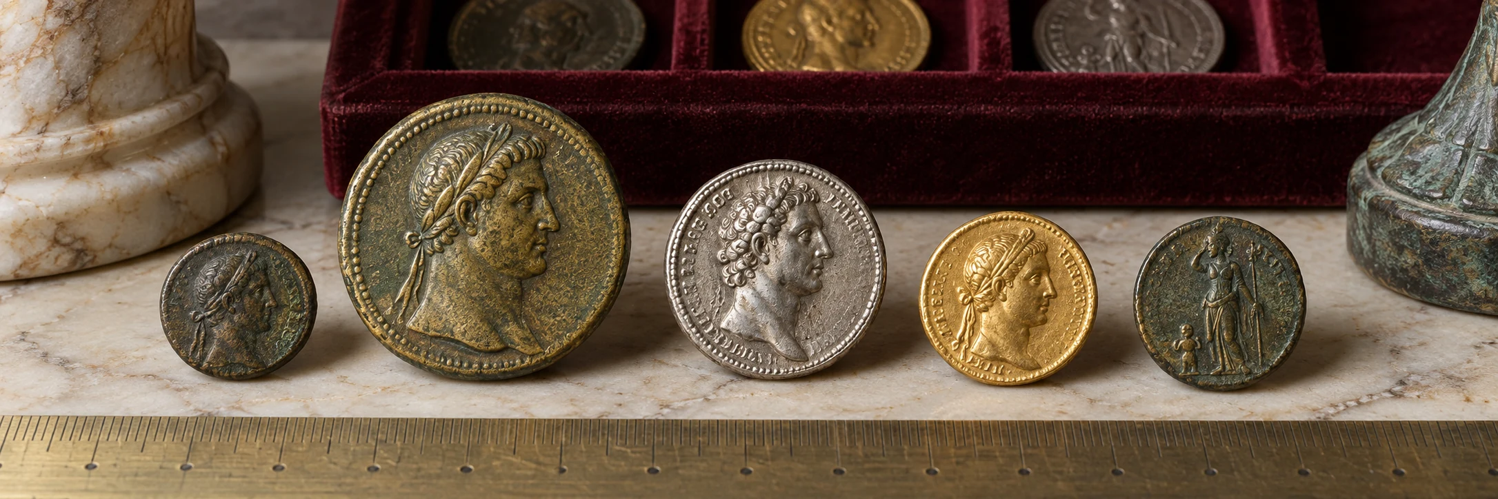 Roman coins in different sizes and metals arranged beside a ruler