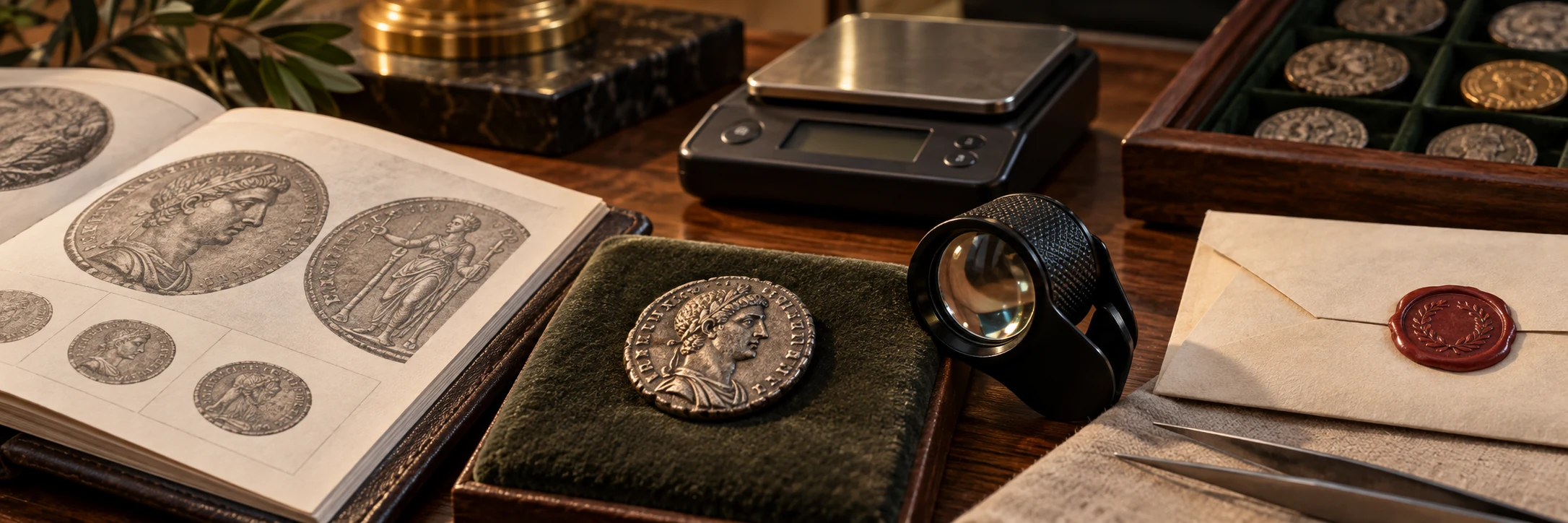 Roman coin beside a catalog, loupe, scale, and provenance envelope