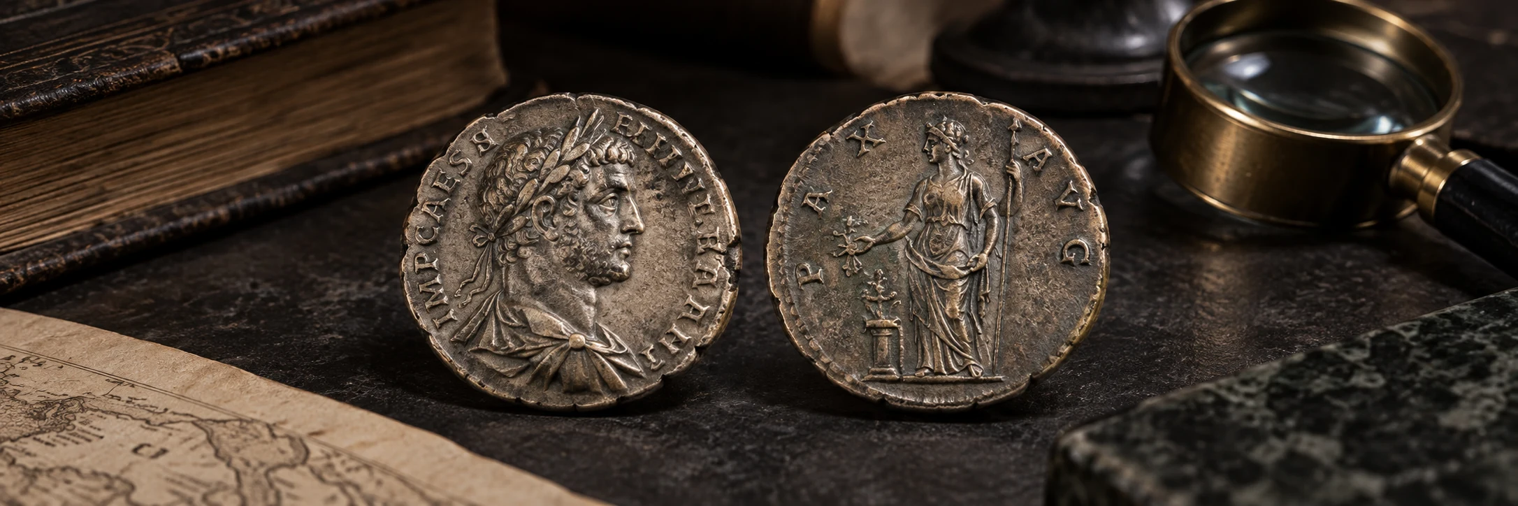 Roman coin obverse and reverse with an emperor portrait and a standing figure