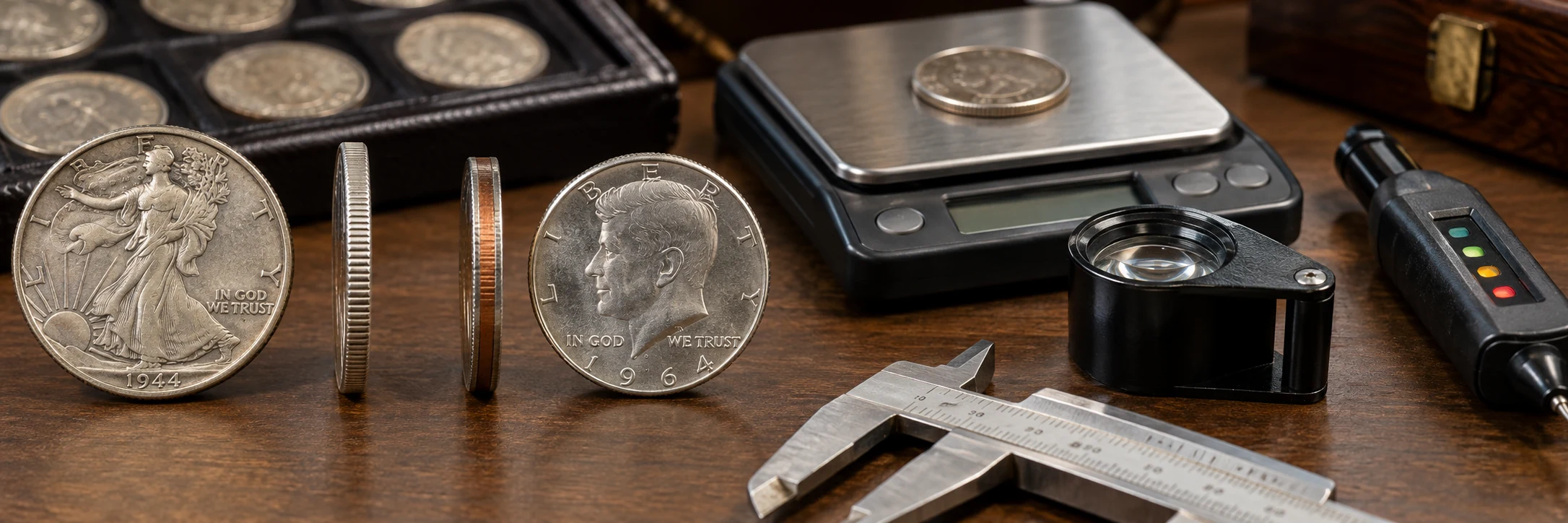 Silver and clad coin edges, a weight scale, and metal testing tools shown together