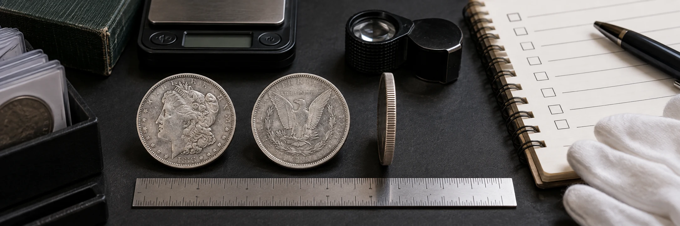 Silver coin front, back, edge, ruler, scale, and loupe arranged for a final check