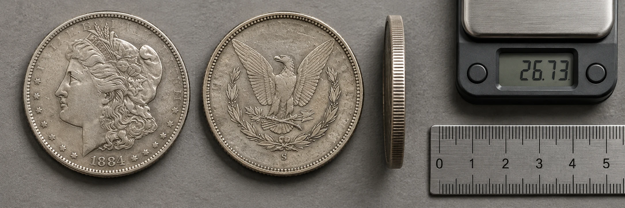 Silver coin photographed on both sides with its edge, scale, and ruler visible