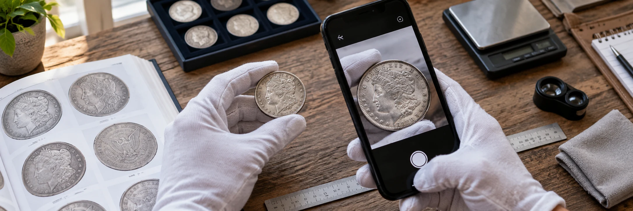 Silver coin beside a market chart, catalog, scale, loupe, and provenance notes