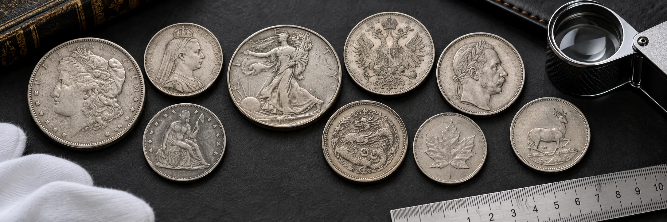 Silver colored coins from different countries and eras arranged beside a loupe and ruler