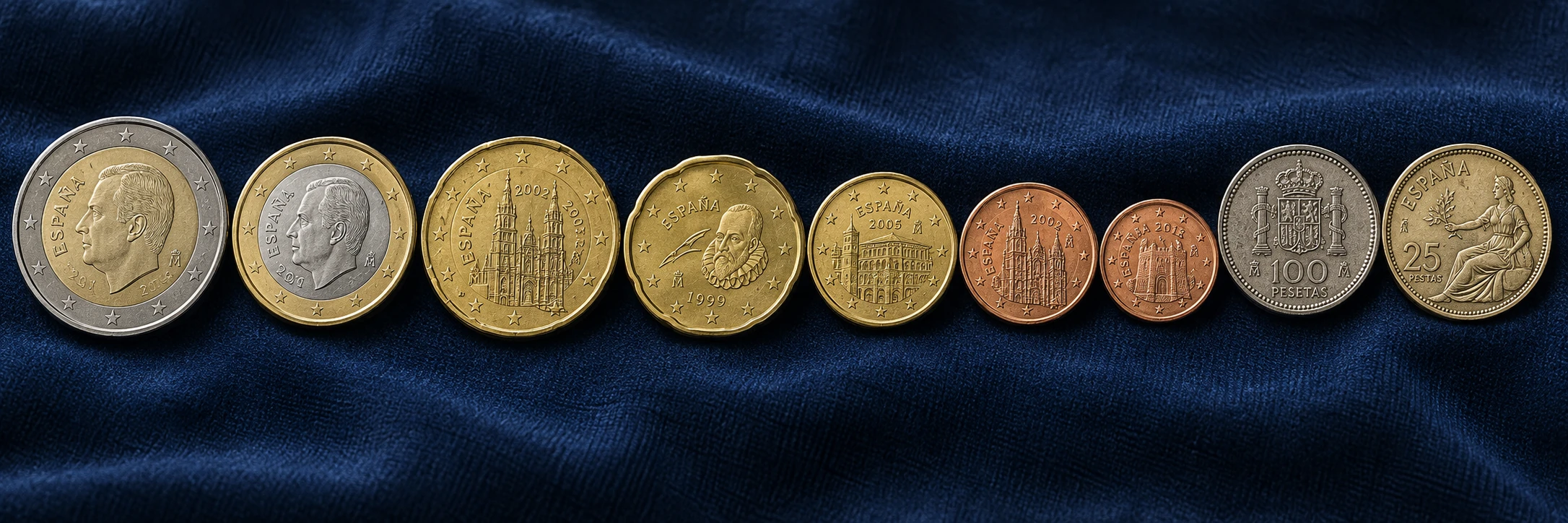 Spanish euro and historic peseta coins arranged for identification by currency family and design