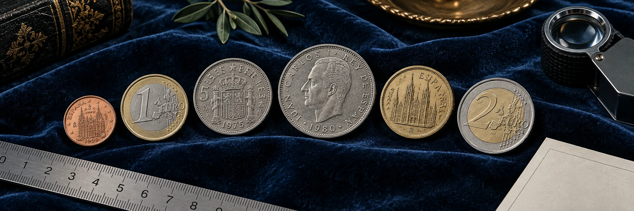 Distinct Spanish euro and historic peseta coins arranged beside a ruler and loupe for a final identification checklist