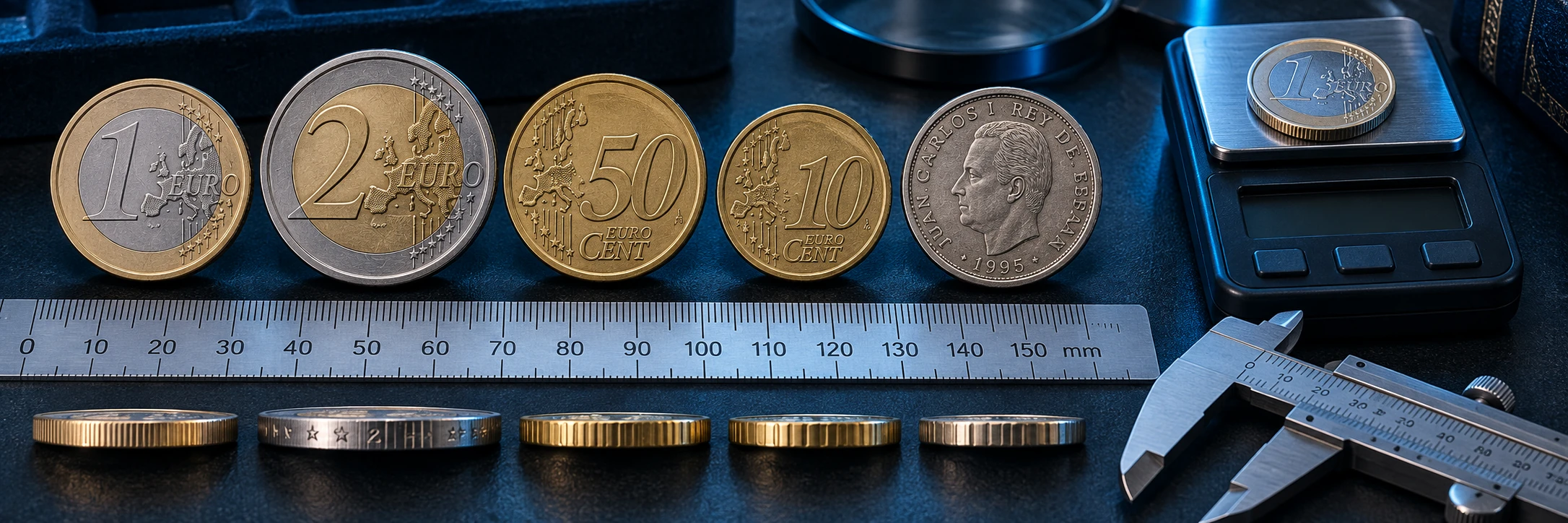 Spanish coin photographed beside a ruler and scale for denomination and edge checks