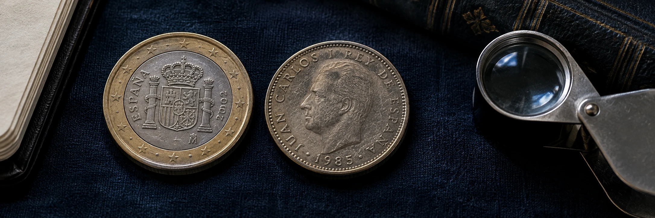 Spanish coin portrait, crown, coat of arms, date, and national design details being compared