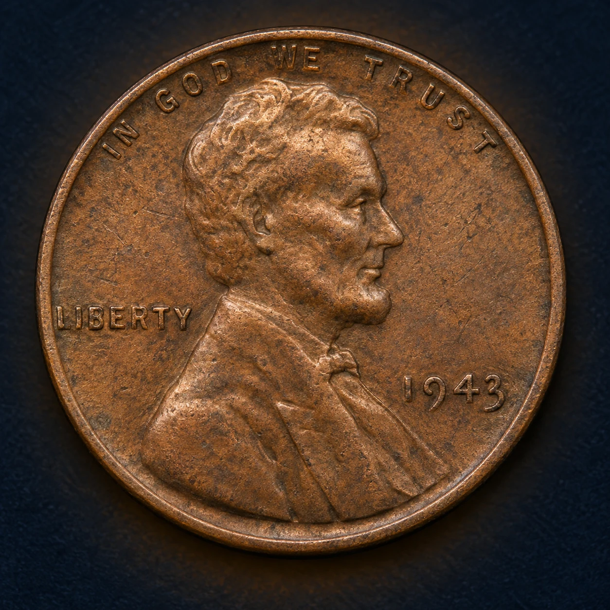 Illustration of a copper-colored 1943 Lincoln cent
