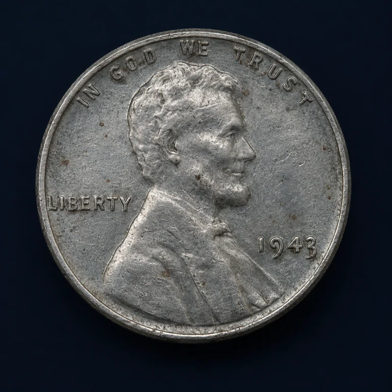 Illustration of a circulated silver-gray 1943 steel cent with visible wear