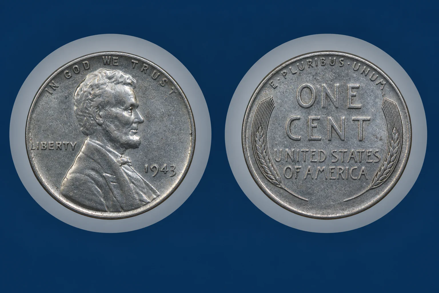 Editorial illustration of the obverse and reverse details of a 1943 steel Lincoln cent