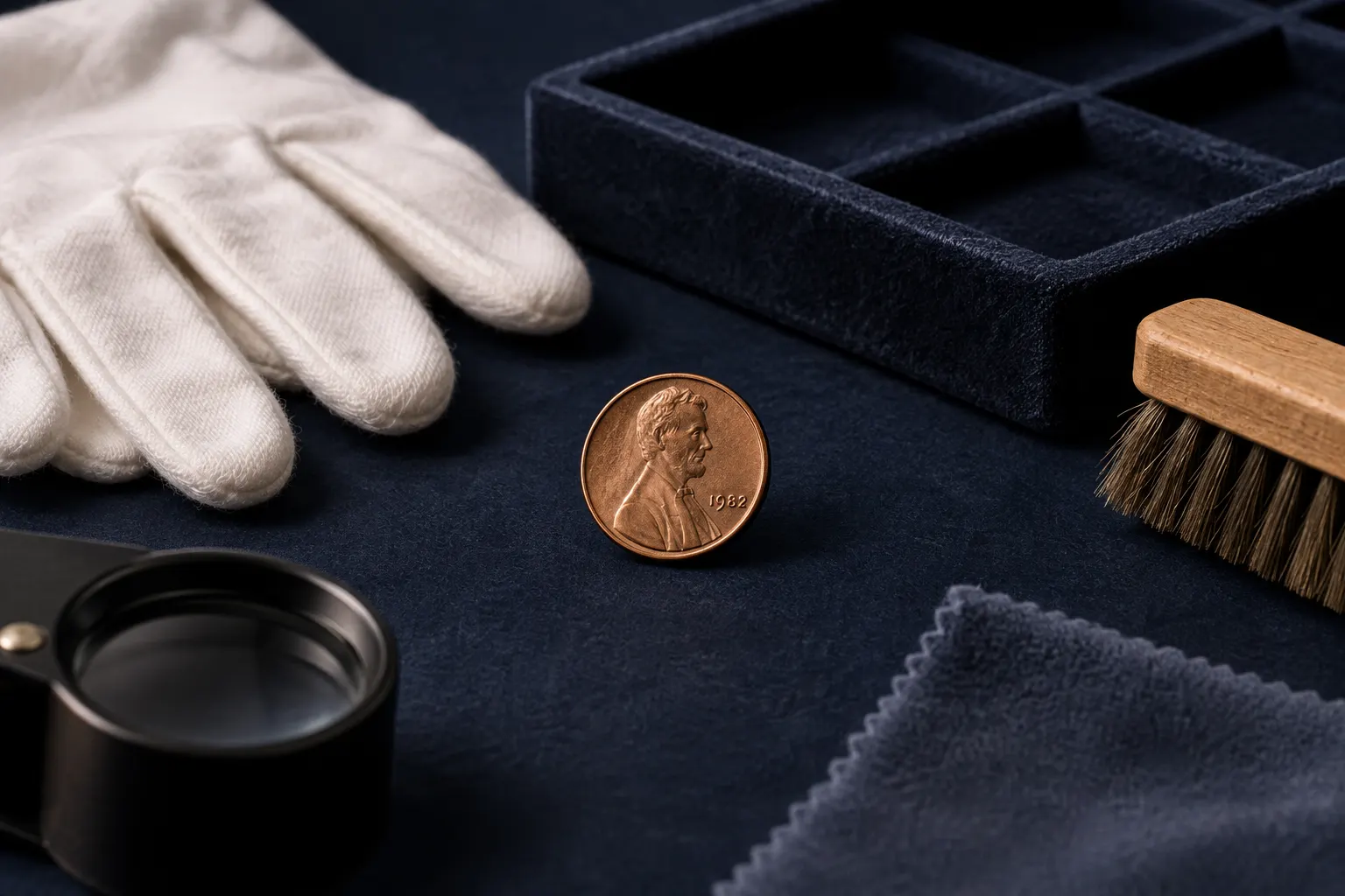 Untouched 1982 Lincoln cent beside gloves and coin-care tools