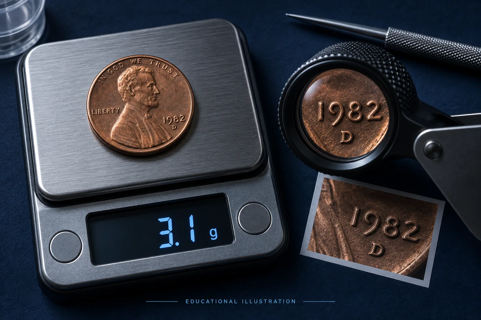 Educational illustration of a possible 1982-D Small Date copper cent candidate