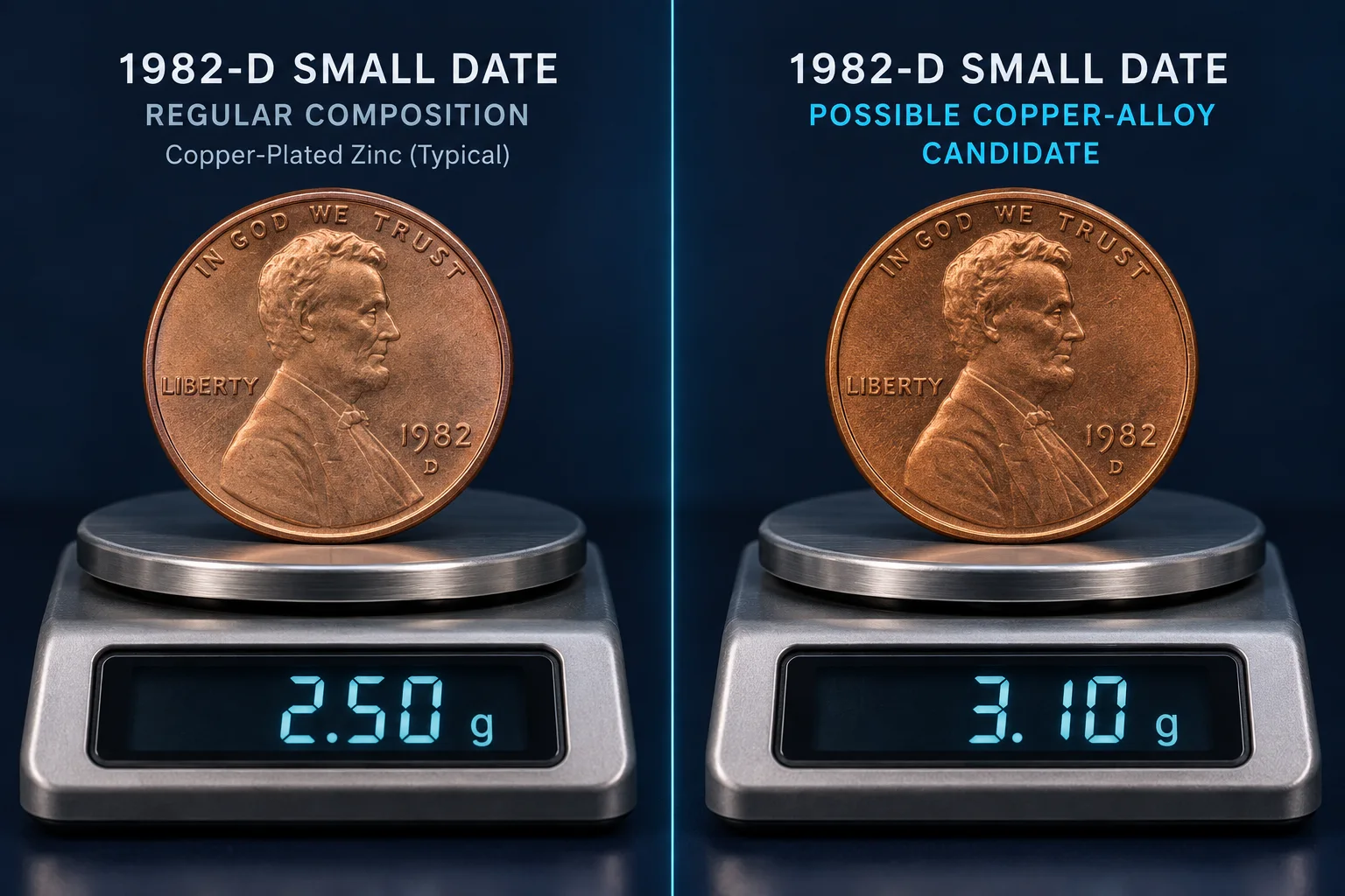 Regular 1982-D Small Date zinc cent compared with a copper-alloy candidate