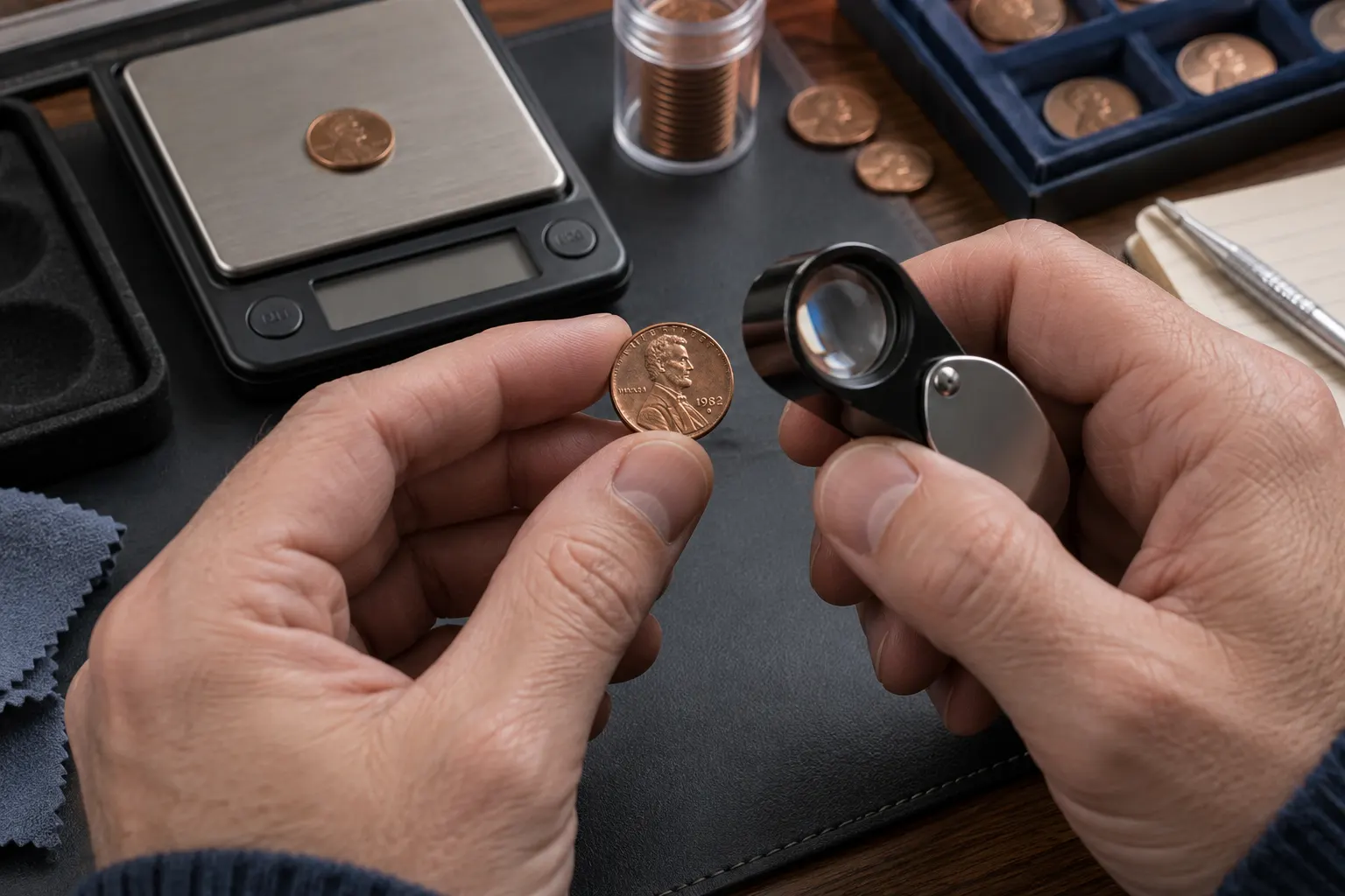 How to identify a 1982 penny using a scale, loupe and date