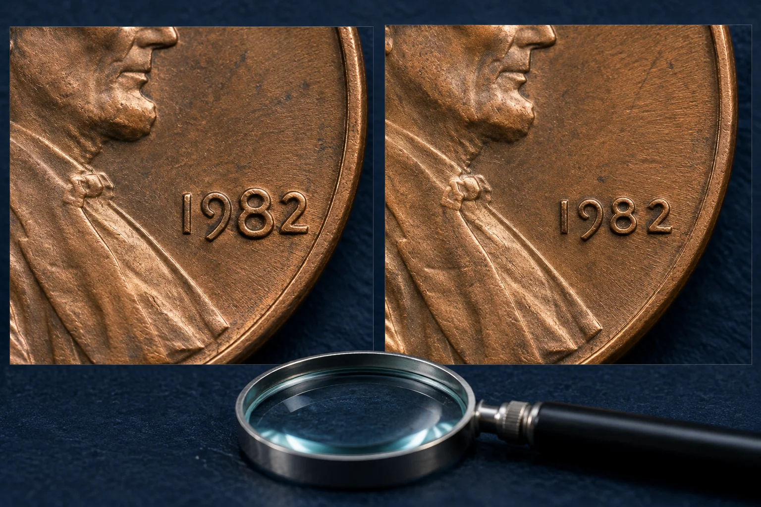 1982 Lincoln cent Large Date and Small Date comparison