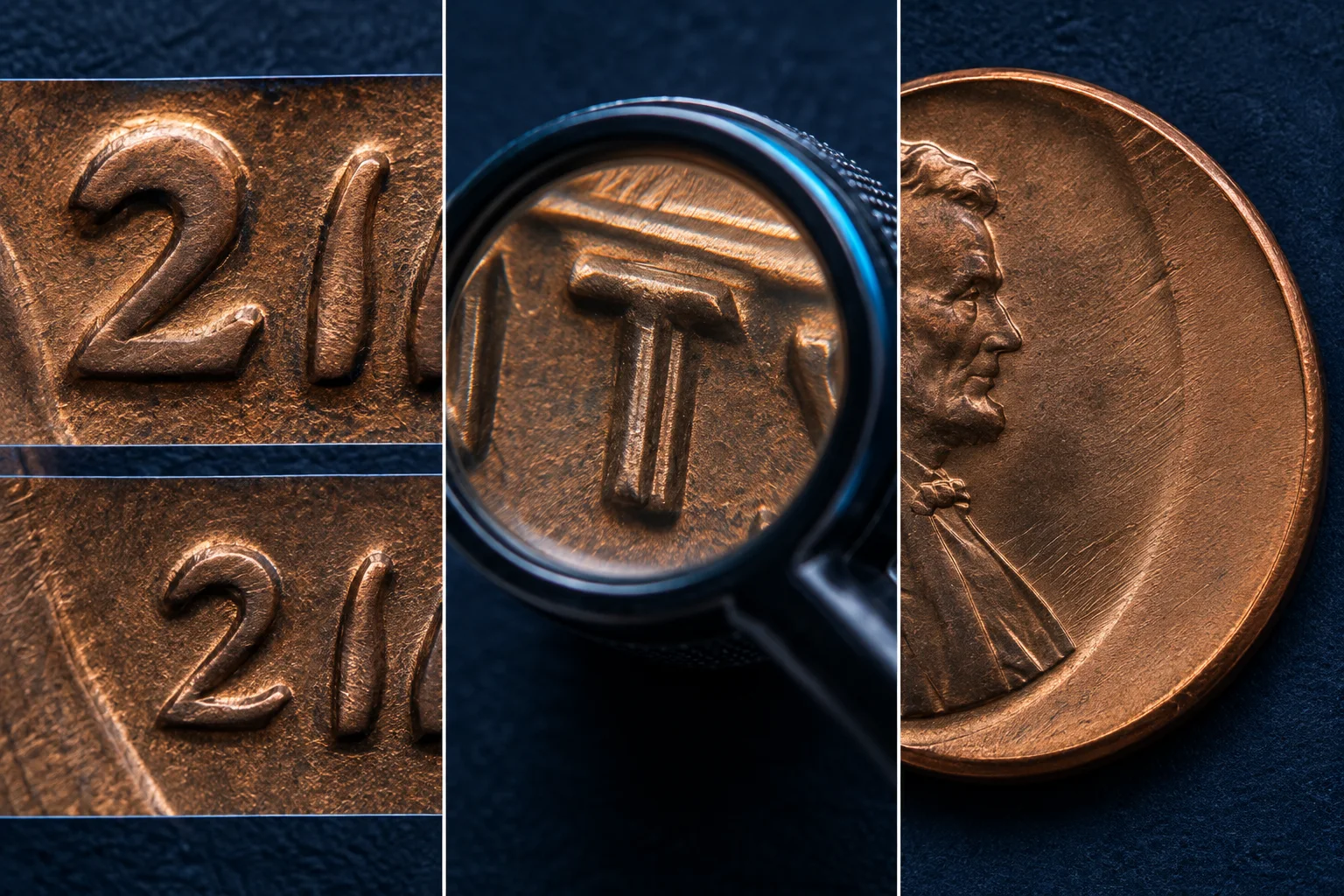 Educational comparison of date variety, doubled die and mint error