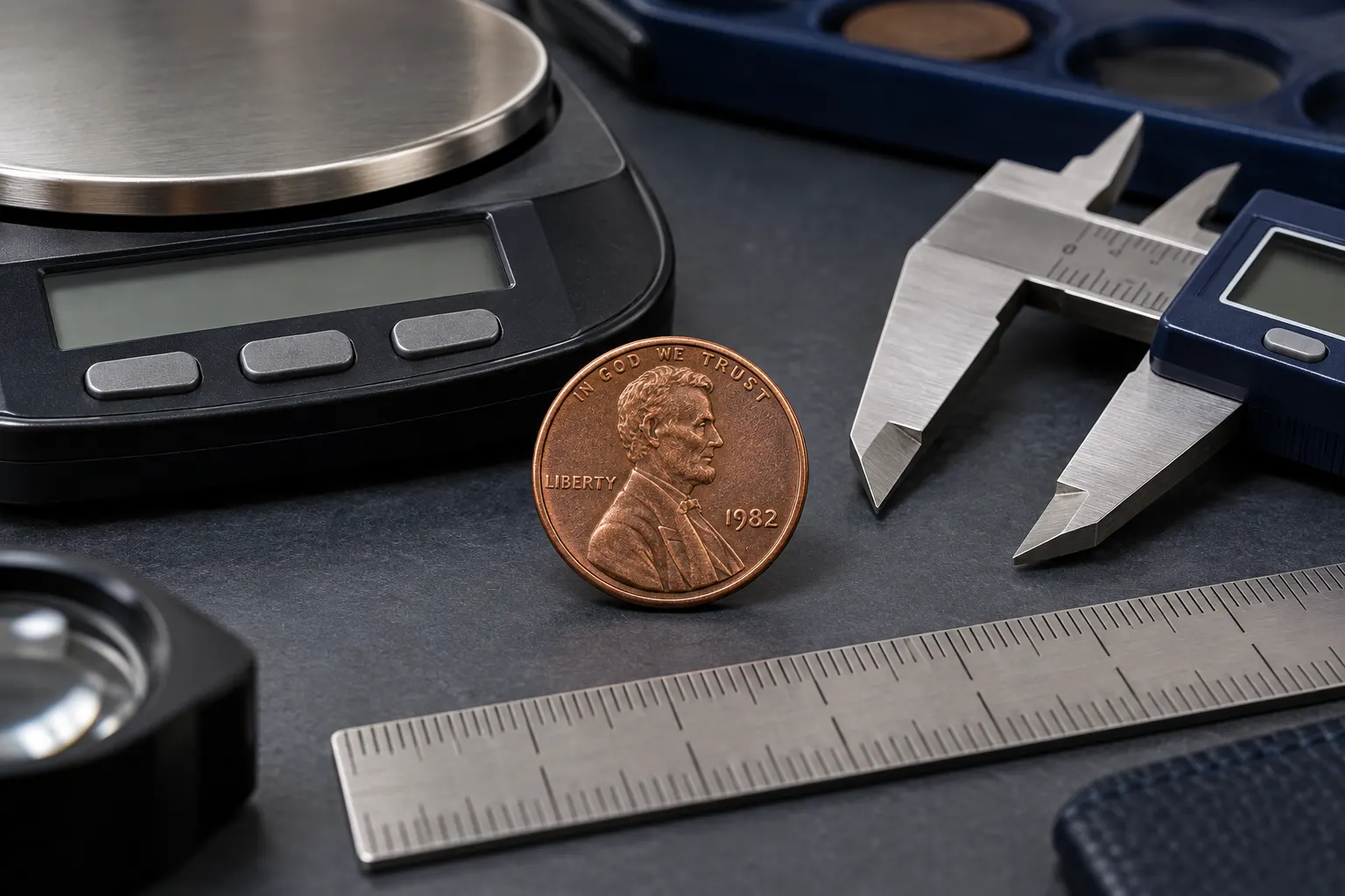 1982 Lincoln cent with measurement tools for diameter and weight