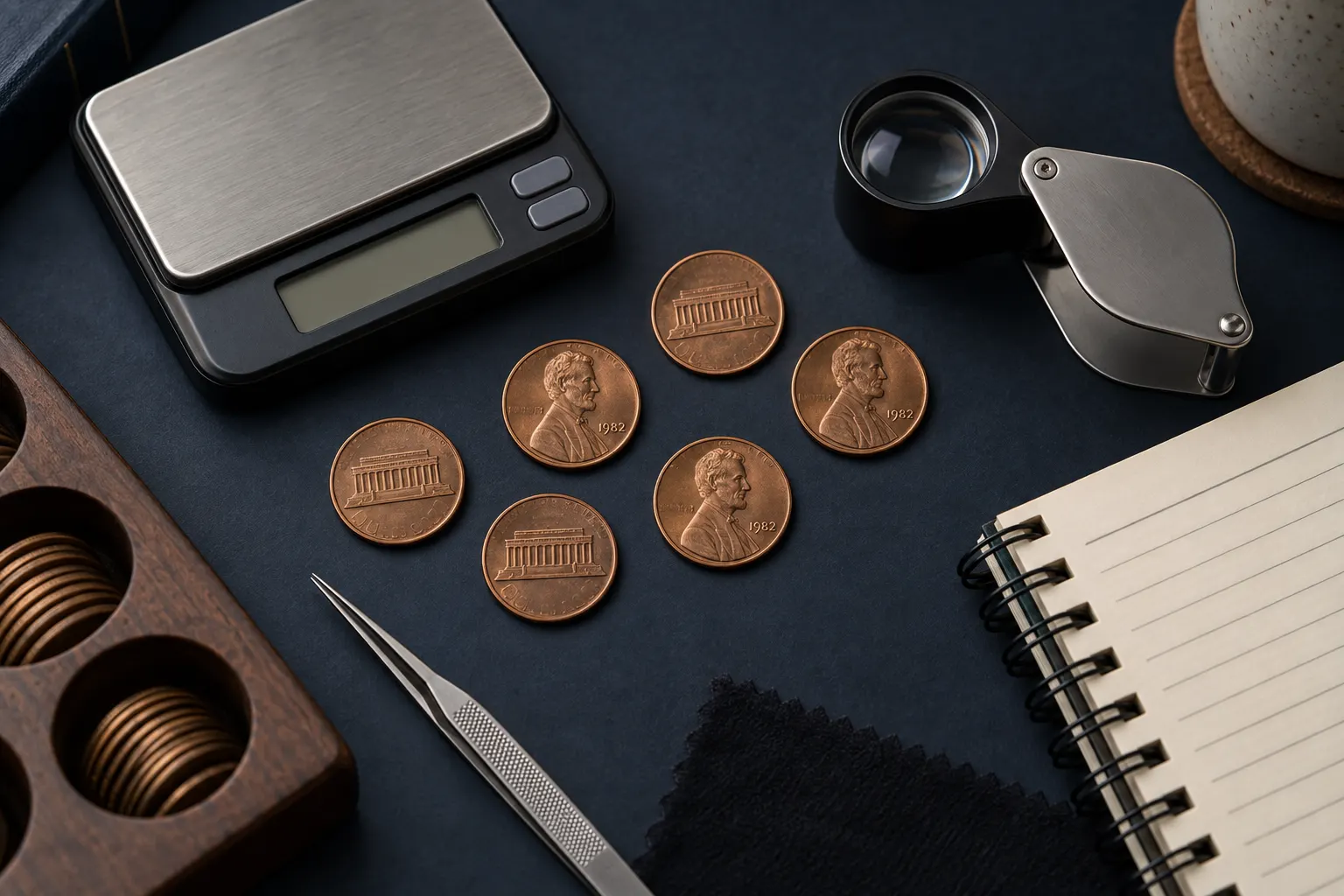 1982 penny value screening with a scale, loupe and ordinary reference coins
