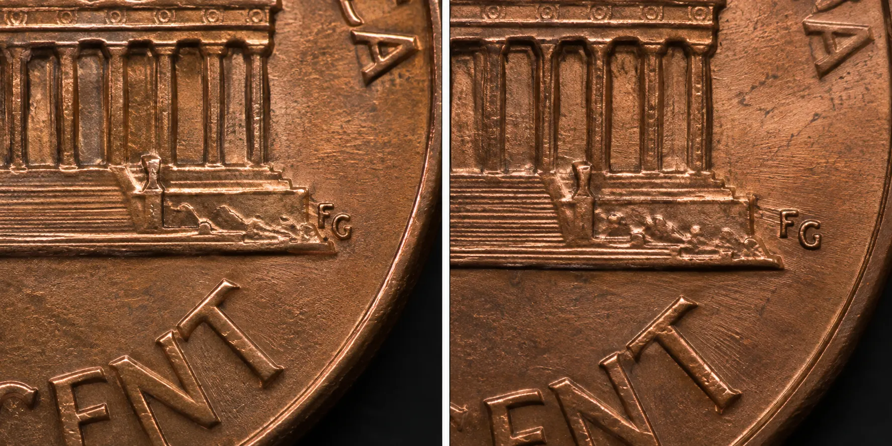 FG initials on a 1992 Close AM penny