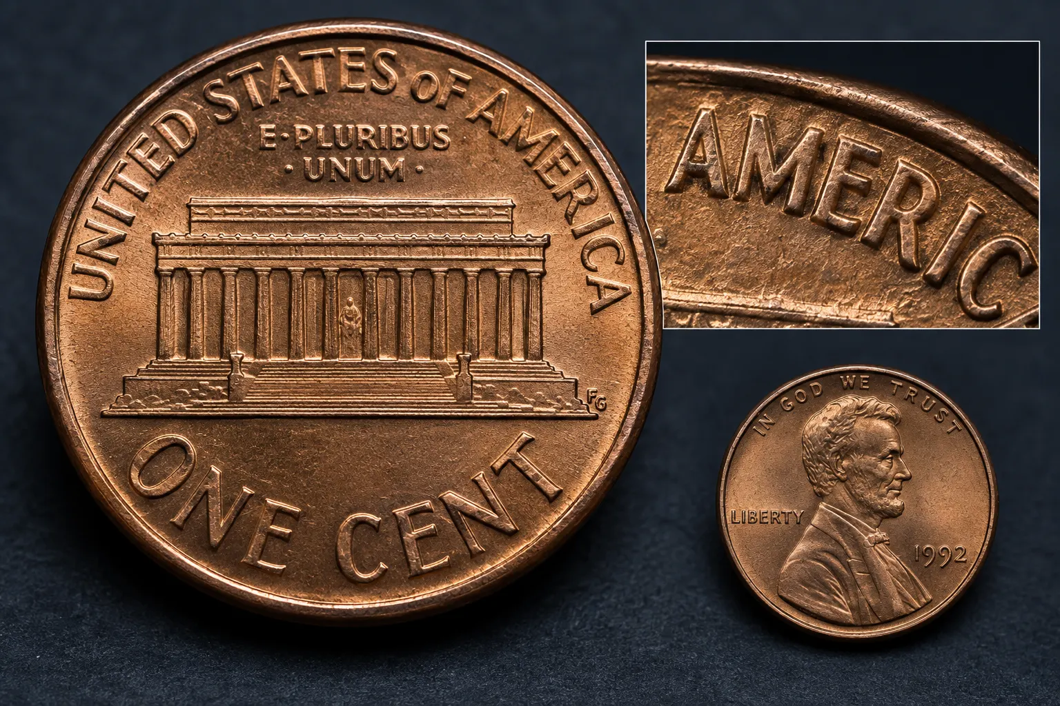 1992 Close AM penny reverse with AMERICA lettering and a small obverse inset