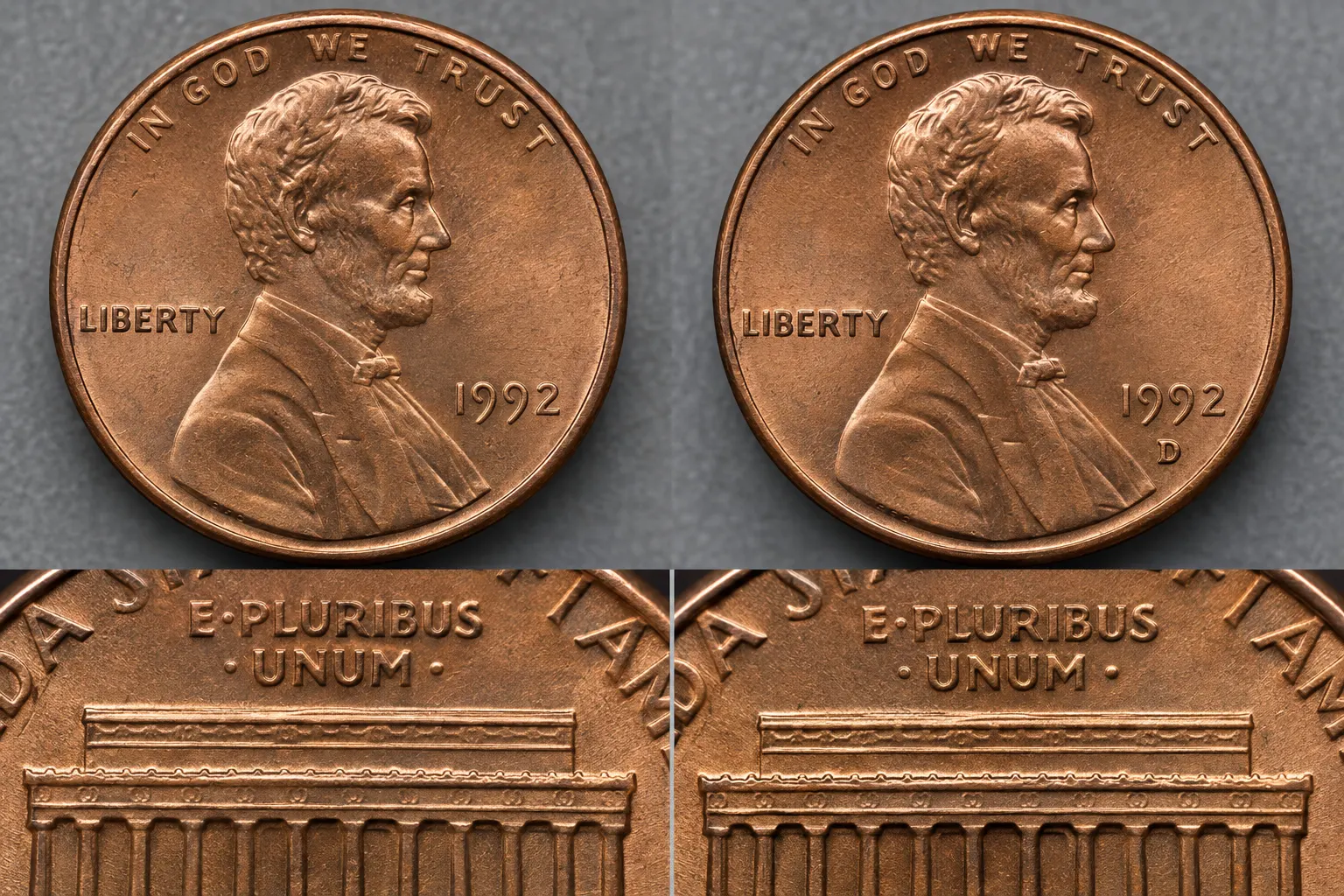 1992 and 1992-D Close AM penny comparison