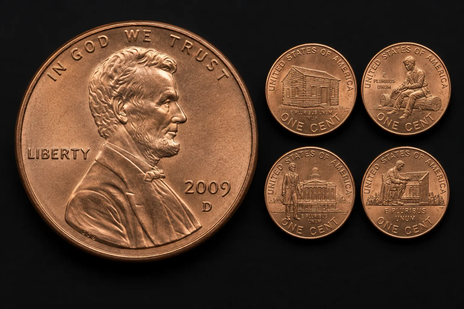 2009-D Lincoln penny obverse with four reverse design glimpses