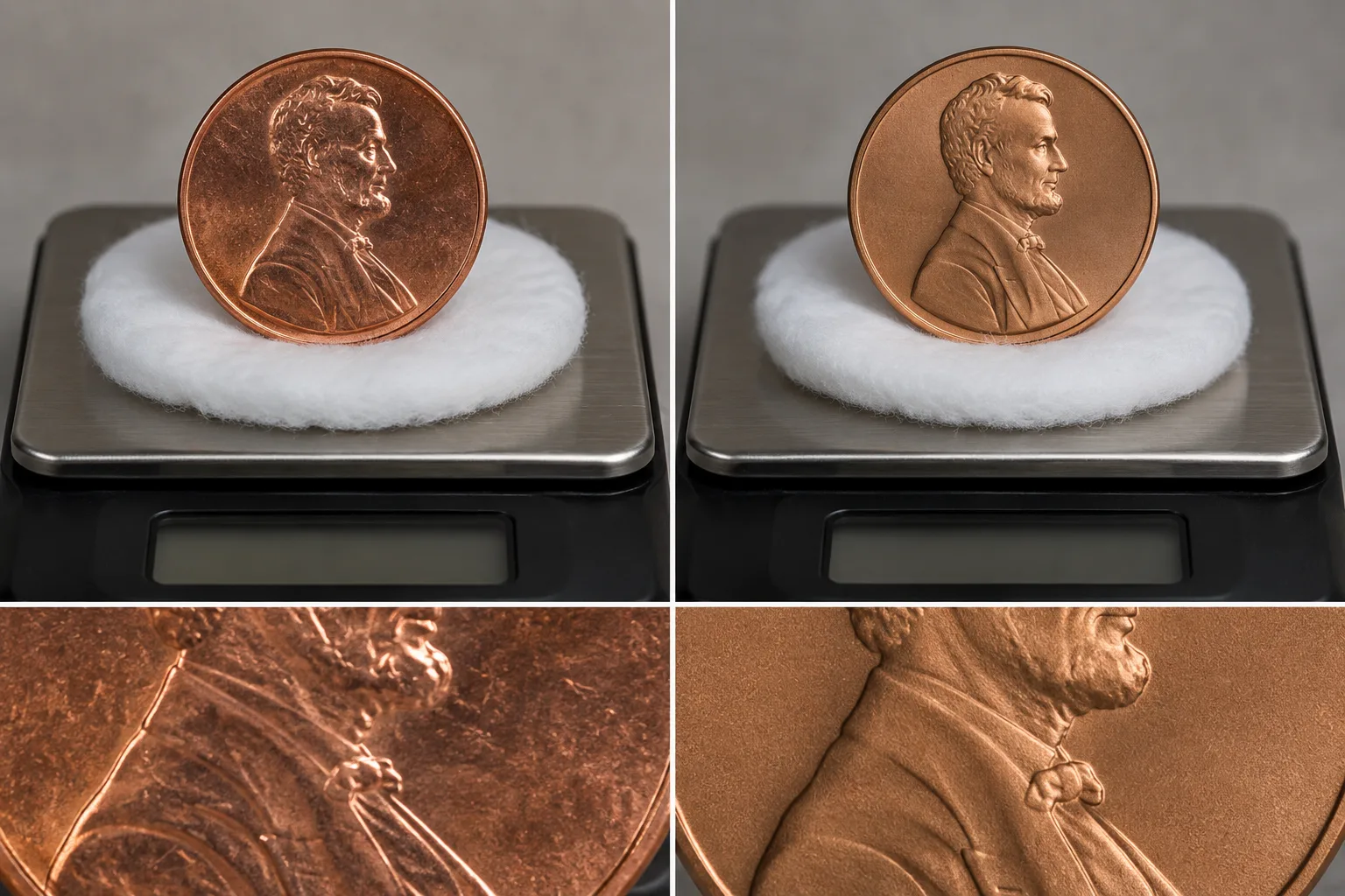 2009 copper-plated zinc circulation cent and 95 percent copper collector cent comparison