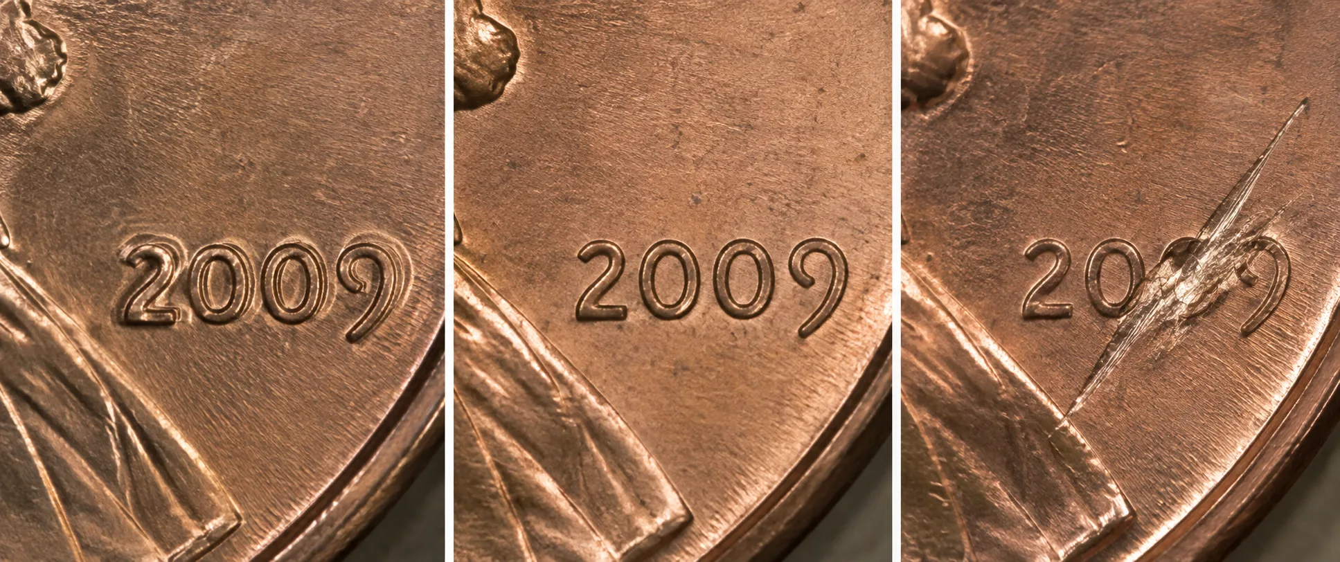 Educational comparison of a 2009 penny variety normal coin and post-mint damage