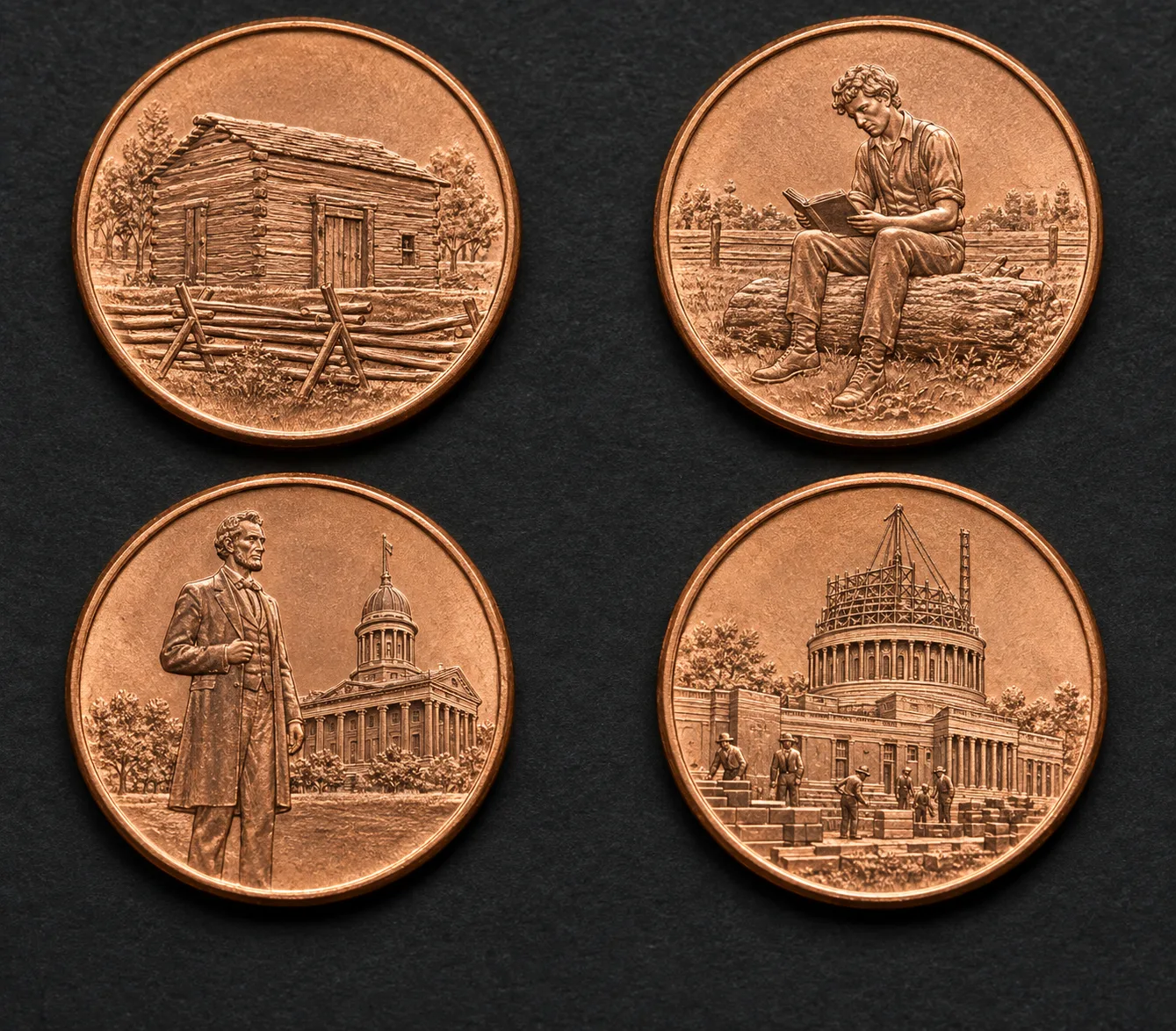 Four 2009 Lincoln penny reverse designs
