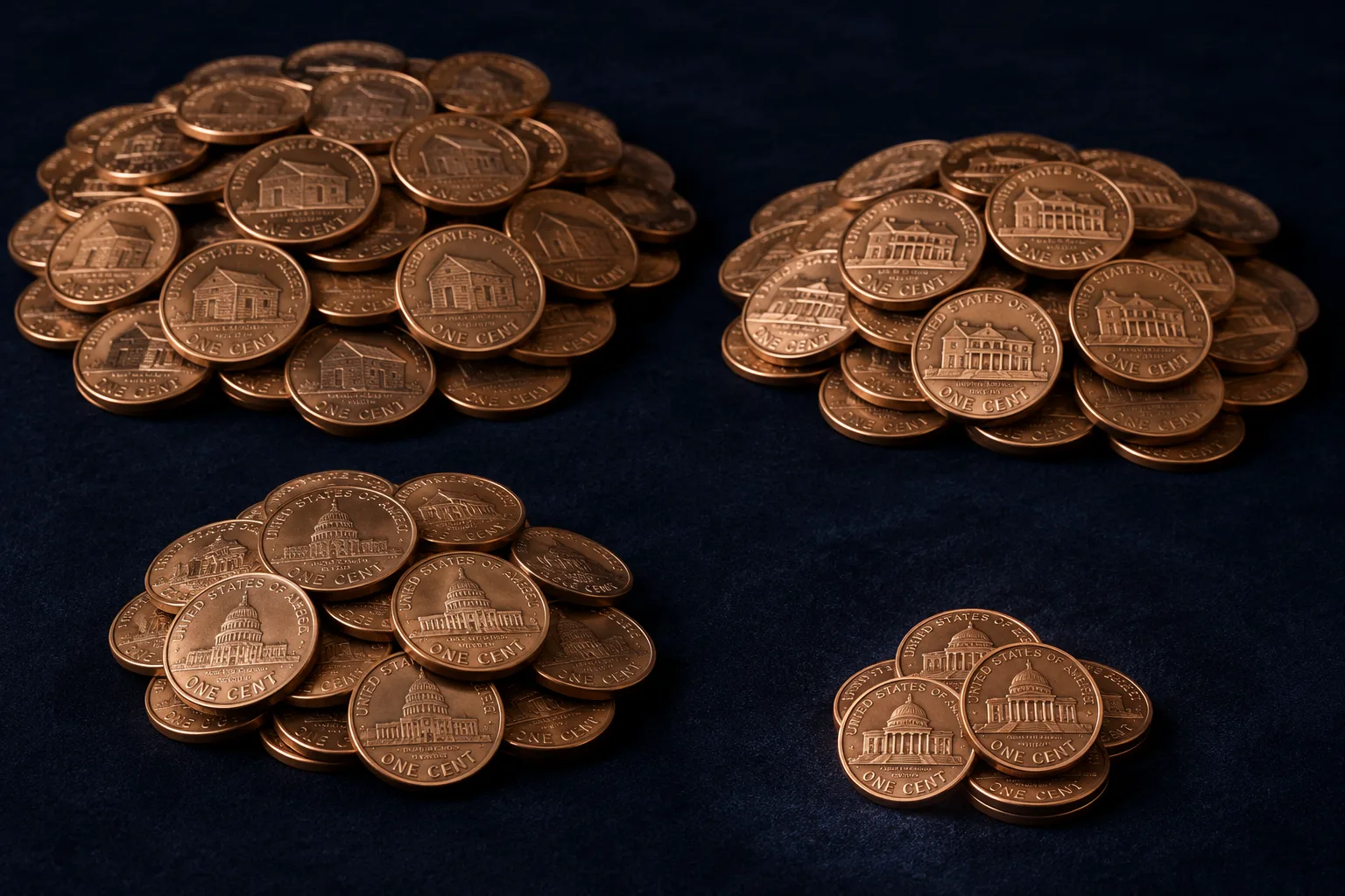 Four 2009 Lincoln penny designs arranged for mintage comparison