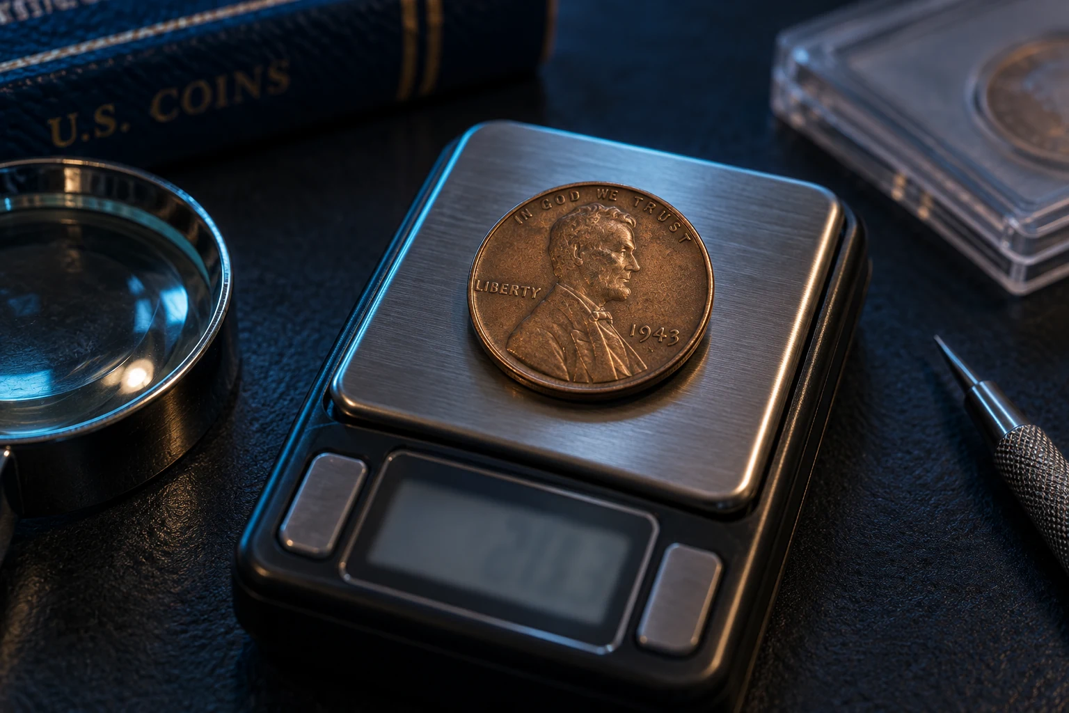 1943 Bronze Penny weight on a precision scale