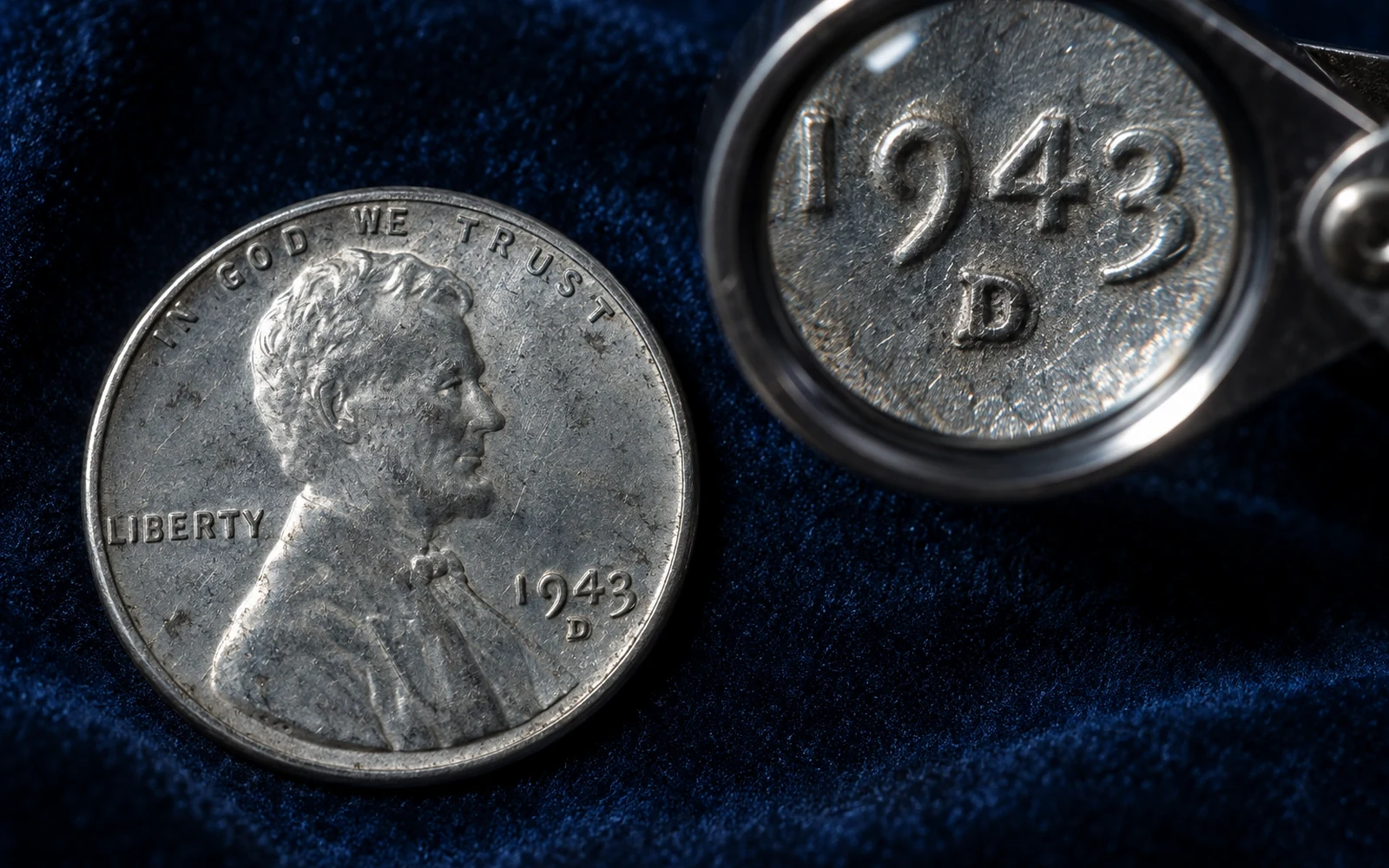 1943-D/D repunched mint mark examined with a jeweler's loupe
