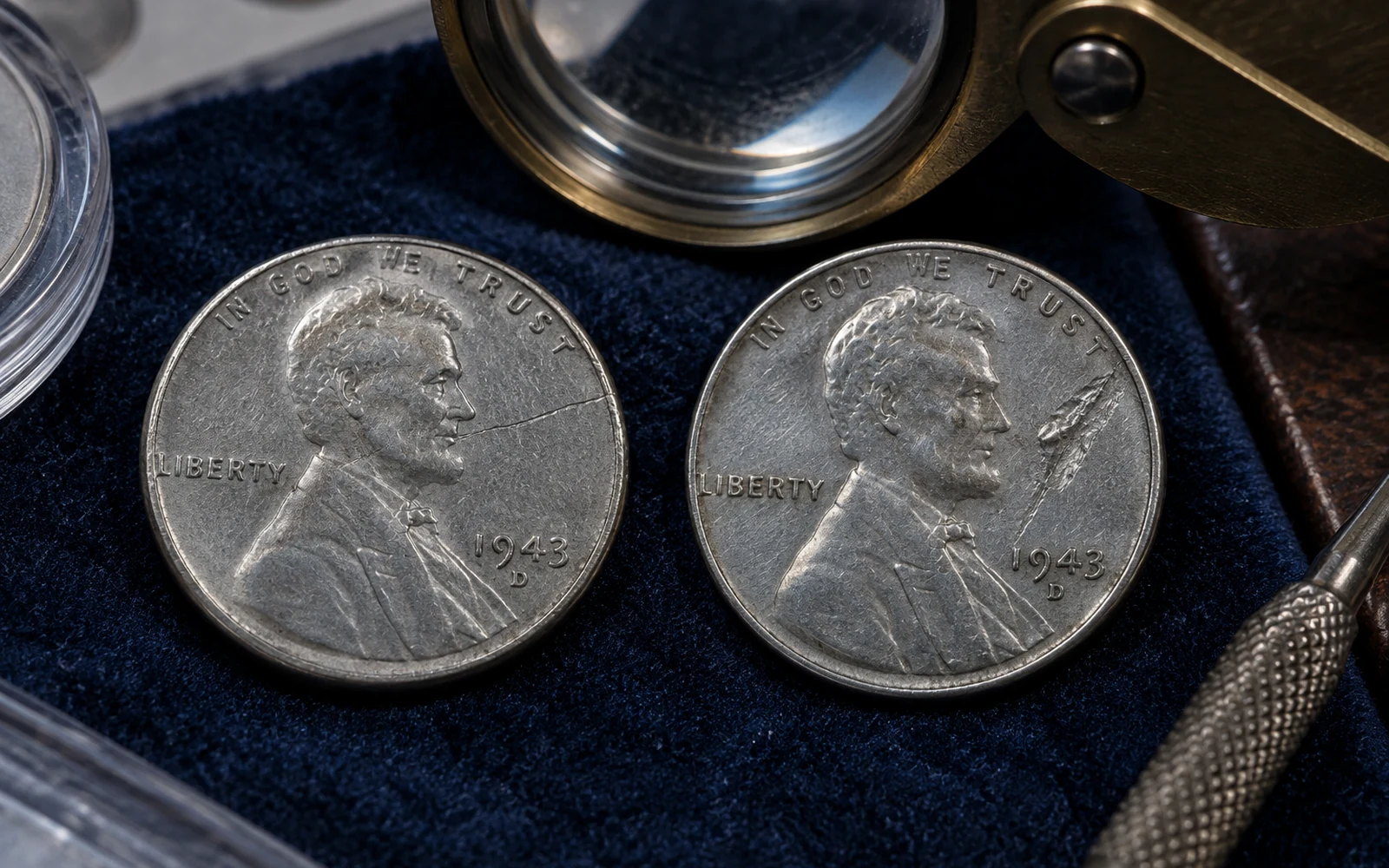 1943-D Steel Penny error and post-mint damage under magnification