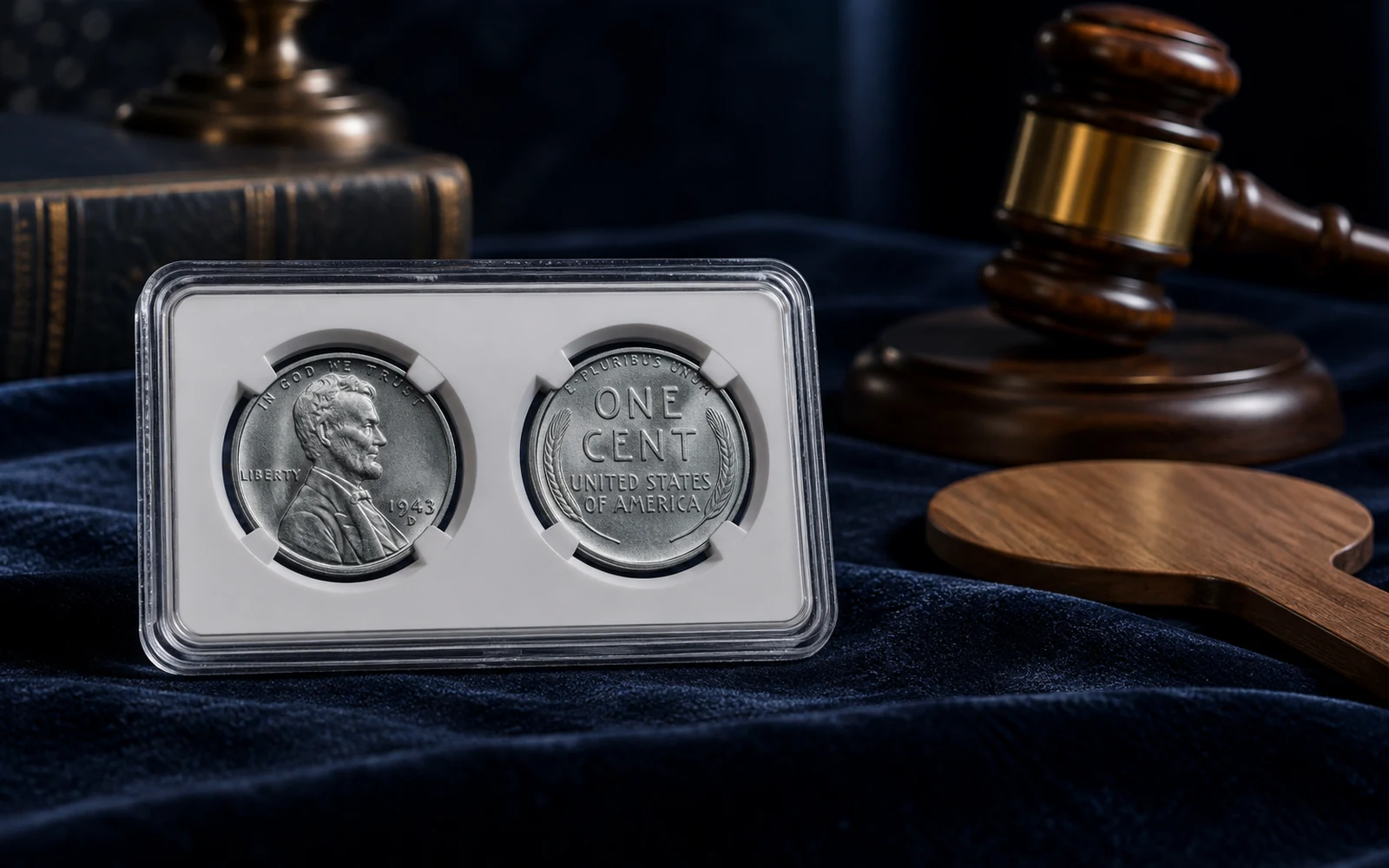 Certified 1943-D Steel Penny displayed beside an auction gavel