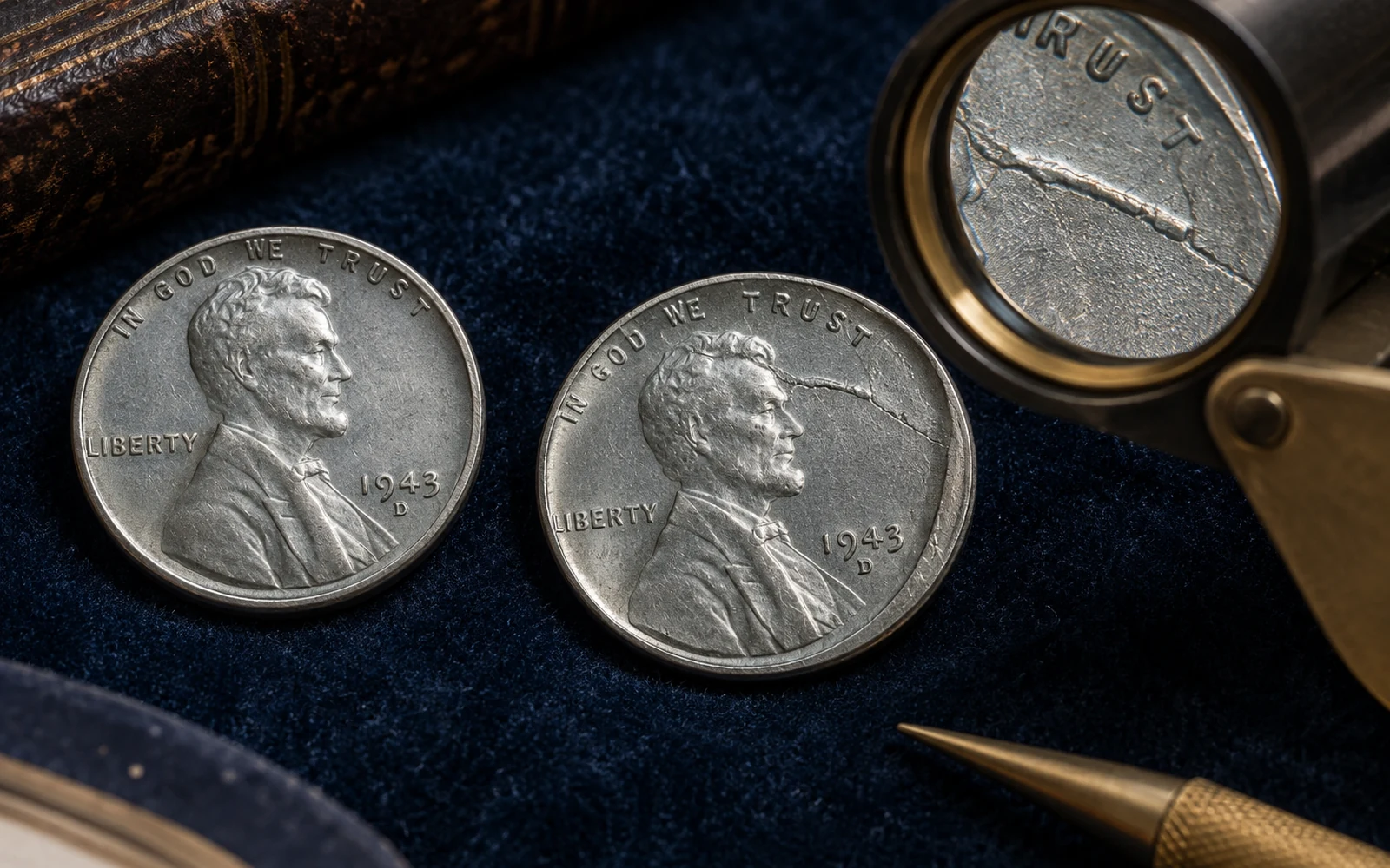 1943-D Steel Penny inspected for off-center and die-crack errors