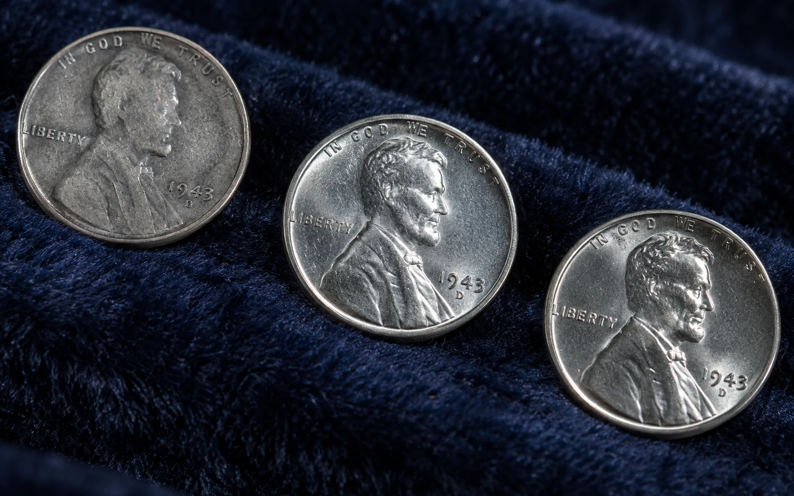 1943-D Steel Penny examples at different preservation levels