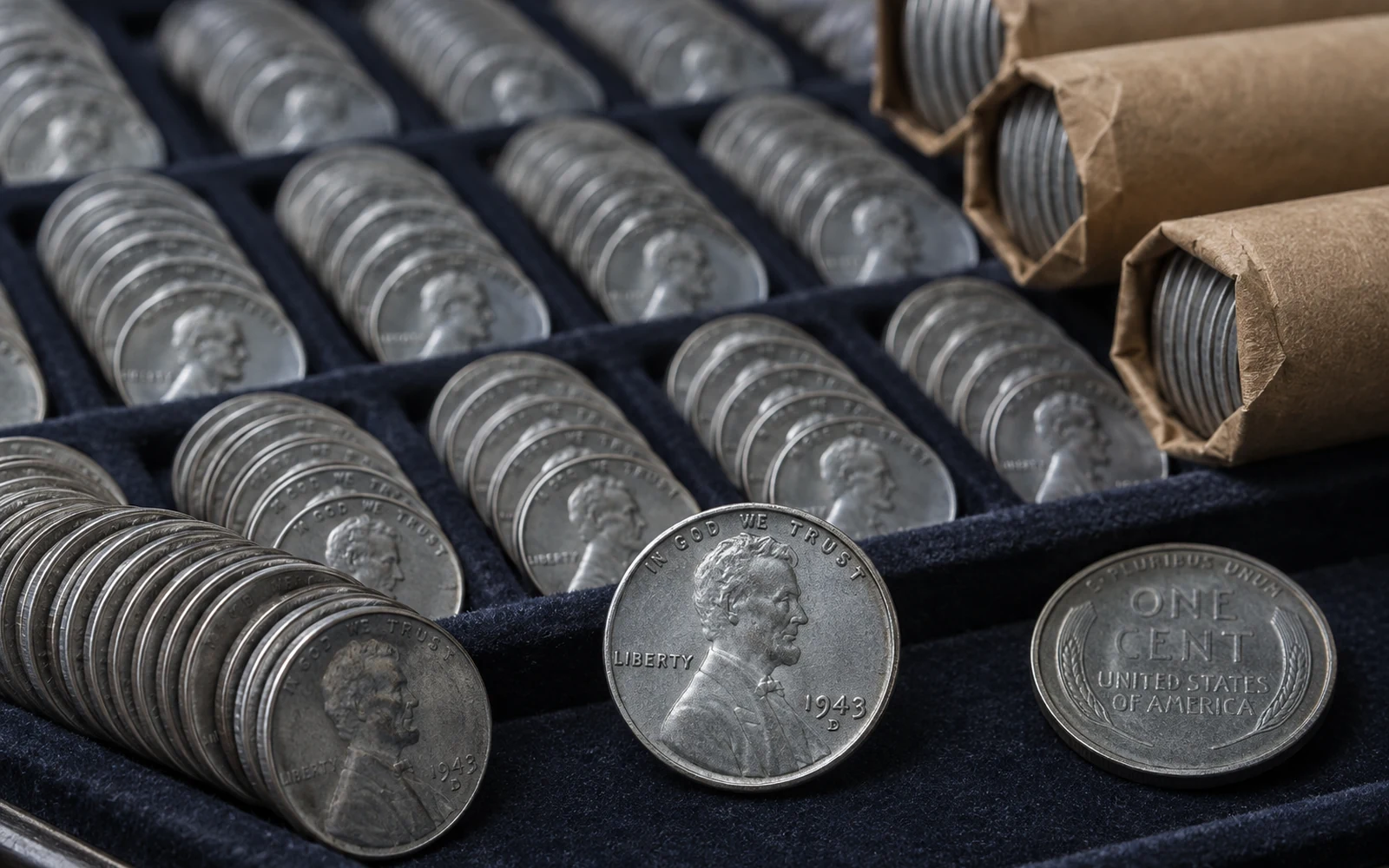 Rows of 1943-D Steel Pennies illustrating wartime production