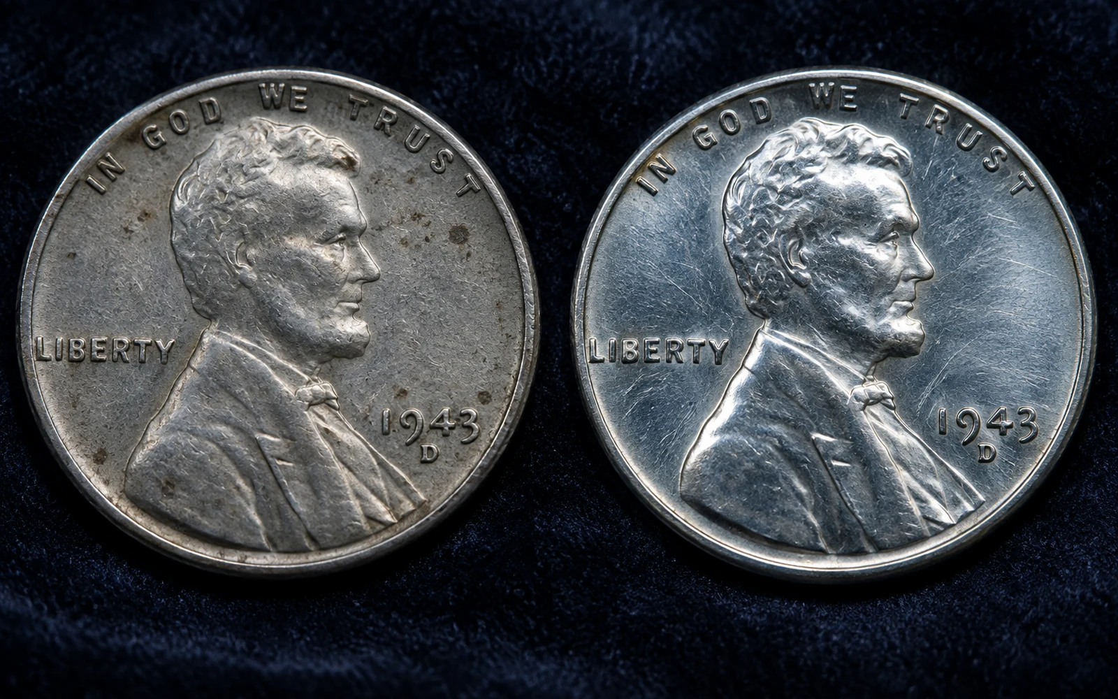 1943-D Steel Penny original zinc surface compared with replating