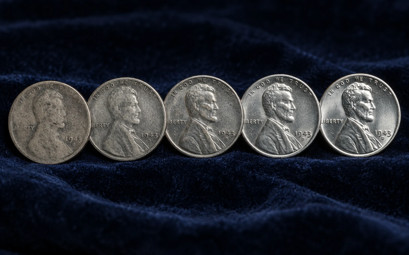 1943-D Steel Penny examples arranged from circulated to high grade