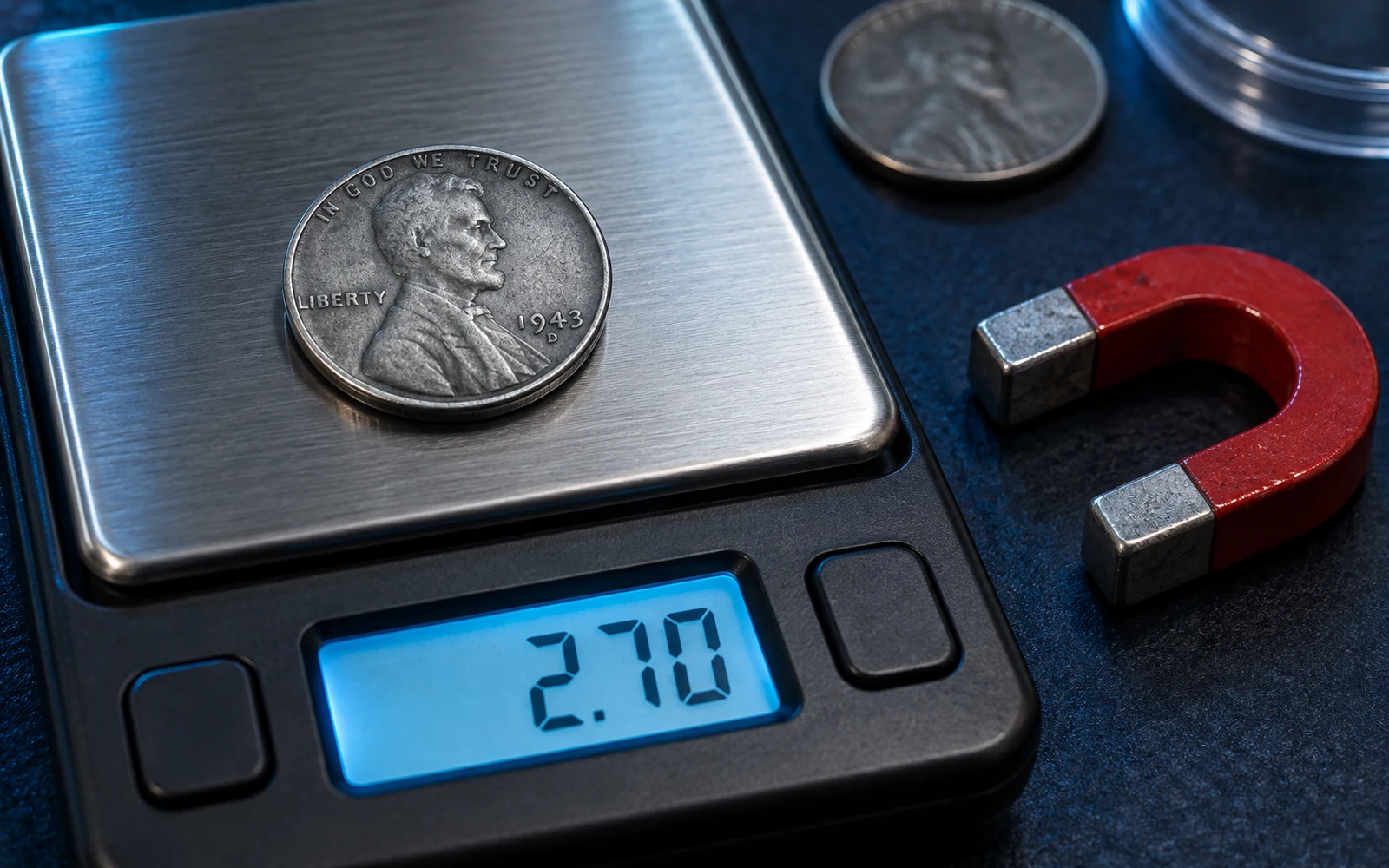 1943-D Steel Penny on a precision scale beside a magnet