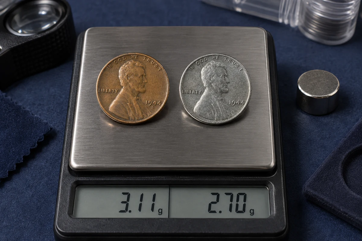 Normal 1944-D bronze penny compared with rare 1944-D steel