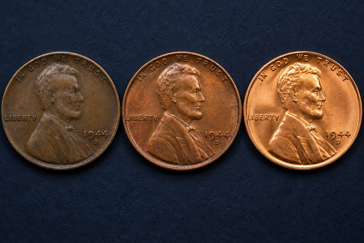 1944-D Wheat Penny BN RB and RD color comparison