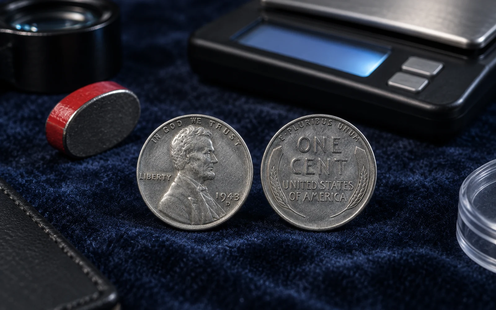 1943-D Steel Penny obverse and reverse with magnet and scale nearby